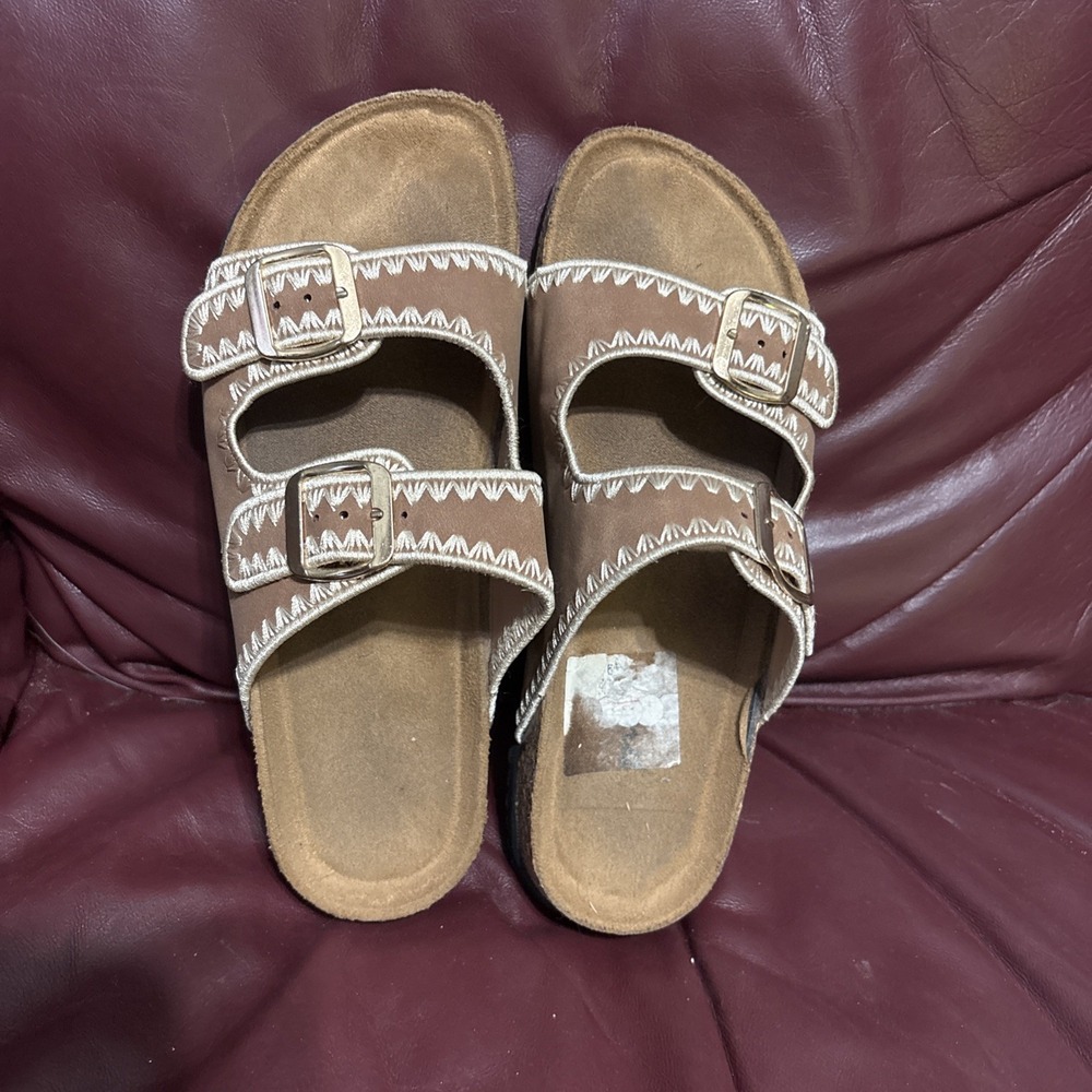 Women's Time & Tru Espadrille Platform Footbed Slides Beige/White Size 8 Sandals